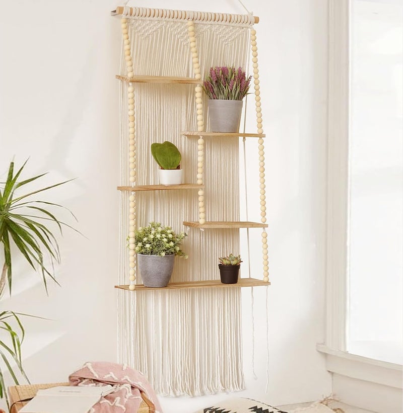 Flber Macrame Wall Hanging Shelf Boho Wall Decor Home 2 Tier Hanger Shelves Braided with Tassels Shelves Organizer for Kitchen, Bedroom, Home Storage, Floating Plant Shelf (Wood) - Image 1
